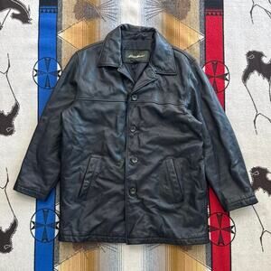 Eddie Bauer Genuine Leather Jacket Mens Large Long Black Quilted Lined Coat